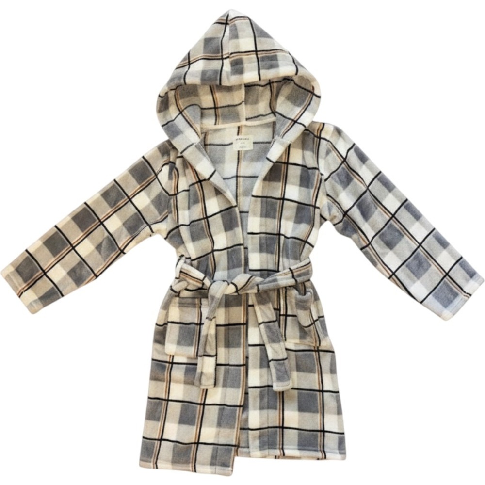 Nordstroms Petit Lemi Kids Hooded Plaid Fleece Robe Gray Black Sz 10-12 plush